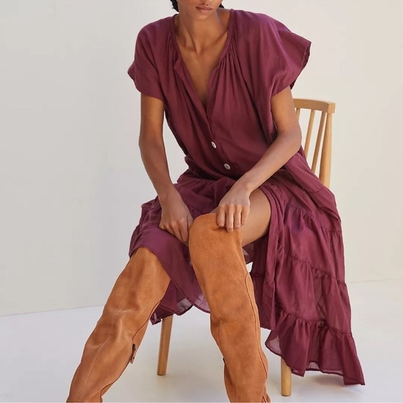 ERIKA‎ PENA Tiered Button Down Midi Dress Burgundy OS Bohemian - Picture 2 of 10